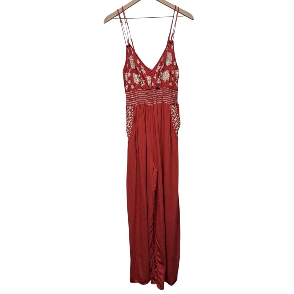 American Eagle Wide Leg Jumpsuit M Sleeveless Boho Floral Embroidered Smock Red